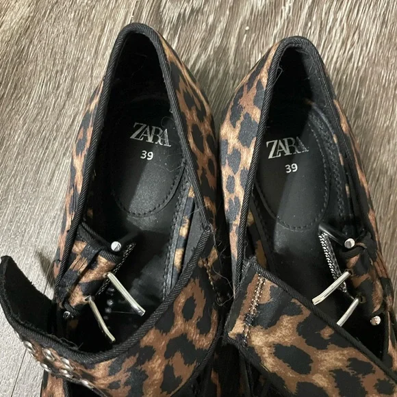 Zara Leopard Print Mary Jane Flats - Brown/Black - Picture 2 of 4